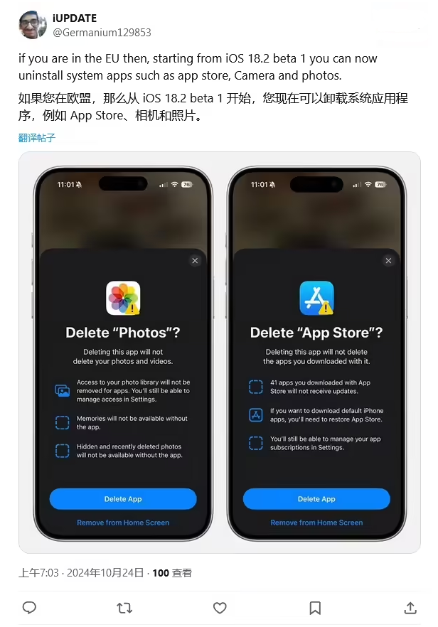 白鹭湖管理区苹果手机维修分享iOS 18.2 支持删除 App Store 应用商店 