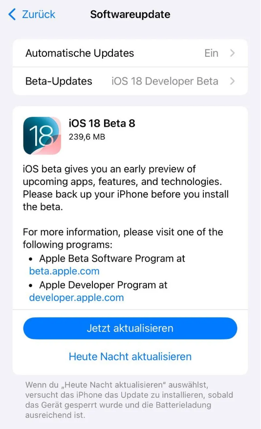 白鹭湖管理区苹果手机维修分享苹果 iOS / iPadOS 18 开发者预览版 Beta 8 发布 